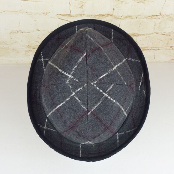 Y2K Ben Sherman Fedora Hat Men L/XL Gray Plaid Wool Black Band Emo Grunge Preppy - Picture 7 of 11